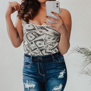 Money pattern white bodysuit